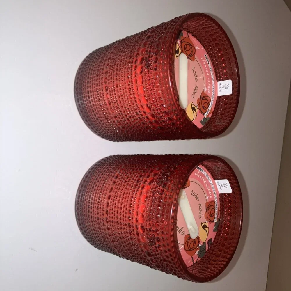 Rose Noir & Tonka Red Detailed Glass Candle Set Of 2 16oz Each Candle